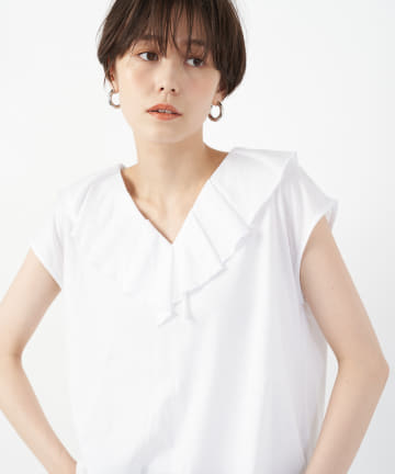 【大人フェミニンな印象】衿フリルマーゼライズコットンカットソー