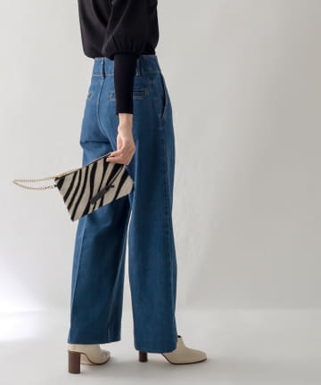 【ワイドシルエットで大人のデニム・手洗い可】デニムワイドパンツ