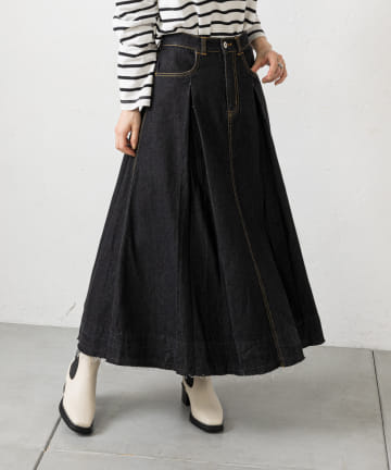 【バックウエストゴム仕様】インバーテッドデニムフレアスカート
