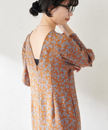 バックVパフスリーブプリントロングドレス