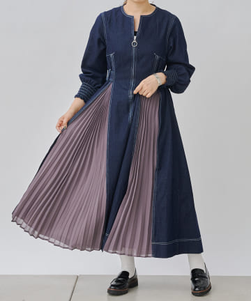 【WEB限定】袖シャーリングプリーツ切替ワンピース