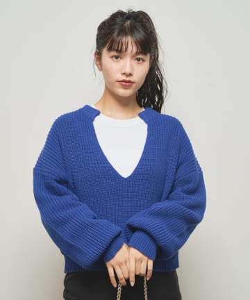 深キーネック畦編みプルオーバー