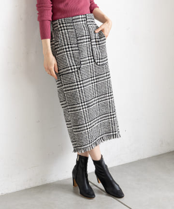 【バックウエストゴム仕様】ツイードチェック裾フリンジスカート