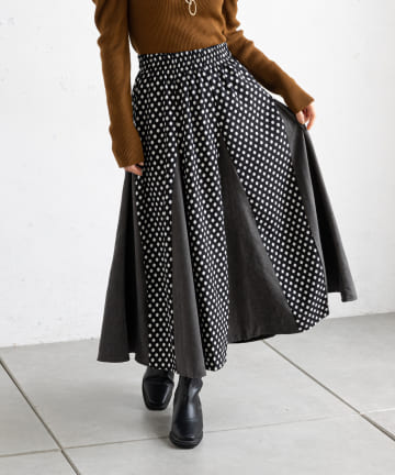 【ウエストゴム仕様】ドット切り替えパネルフレアスカート