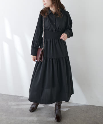 natural couture(ナチュラルクチュール) リブ切替えハイウエストシャツワンピース