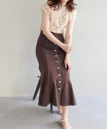 natural couture(ナチュラルクチュール) 【WEB限定】多釦デニムロングフレアスカート