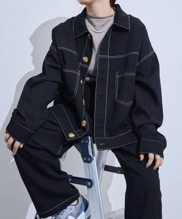 ステッチ配色ジャケット×パンツセットアップ