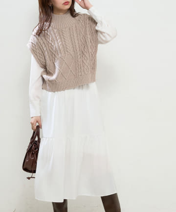 natural couture(ナチュラルクチュール) 【WEB限定】ケーブルベスト×プチハイワンピースセット