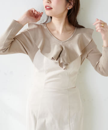 natural couture(ナチュラルクチュール) Vネックフリルデザインニット