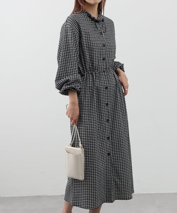 バイカラーシャーリングシアー長袖ワンピース / チェック柄シャツワンピース