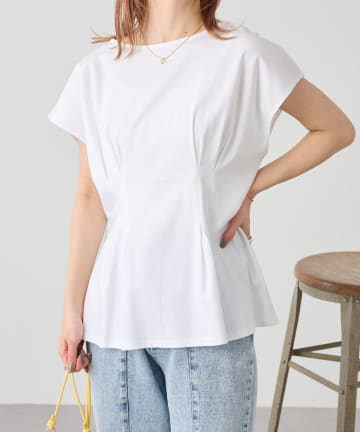 綿シルケットウエストタックノースリーブT / フレンチスリーブTシャツ