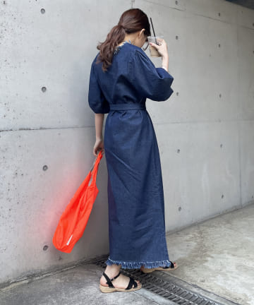 Thevon.(ゼヴォン) フリンジデニムパフスリーブワンピース