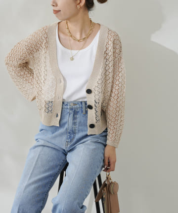 OUTLET(アウトレット) 【DouDou】透かし編みショートカーディガン