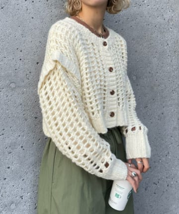 モヘア混透かし編みクロップドカーディガン