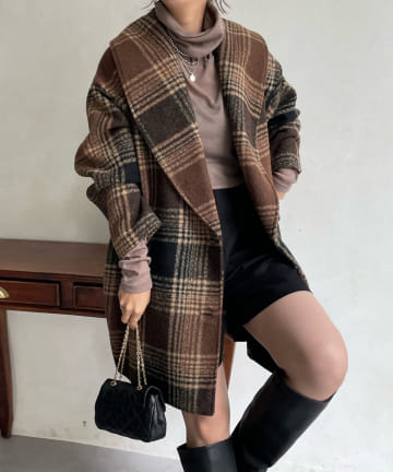 DOUDOU(ドゥドゥ) 【WEB限定】チェック柄ショールカラーミドル丈コート