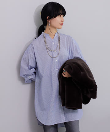 バンドカラーストライプチュニックシャツ