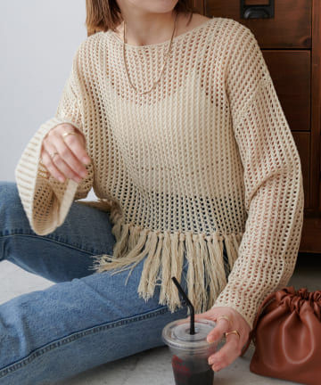 裾フリンジスカシプルオーバー