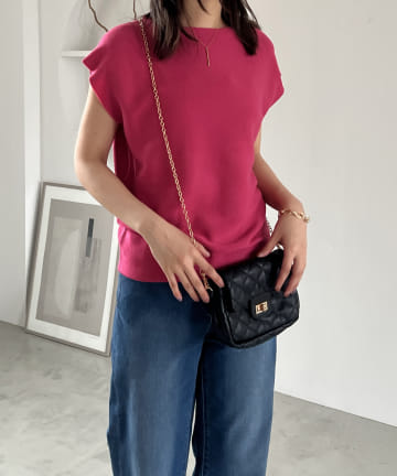 麻タックフレンチスリーブニットプルオーバー