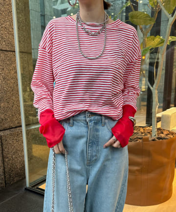 DOUDOU(ドゥドゥ) 【新色追加】SS 袖シアーボーダーTEE