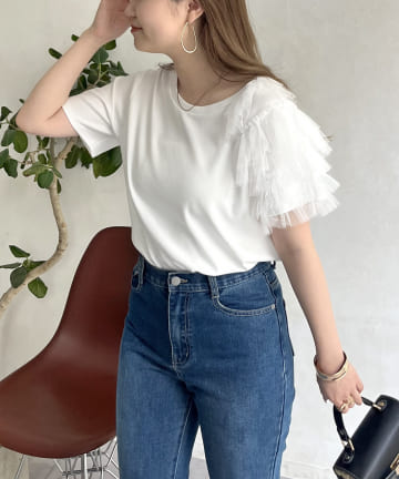 アシンメトリーチュールフリルTシャツ