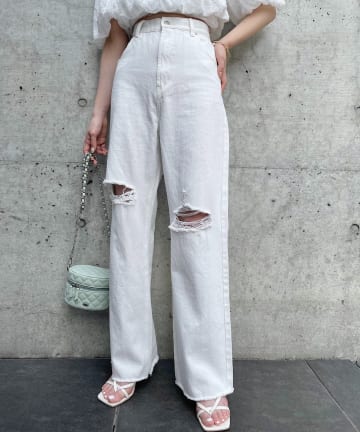 OUTLET(アウトレット) 【Chico】ダメージワイドデニムパンツ