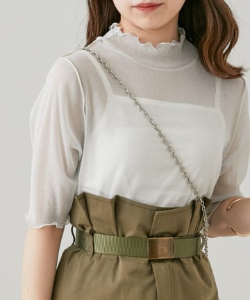 OUTLET(アウトレット) 【Chico】5分袖キャミ付きハイネックシアーラメトップス