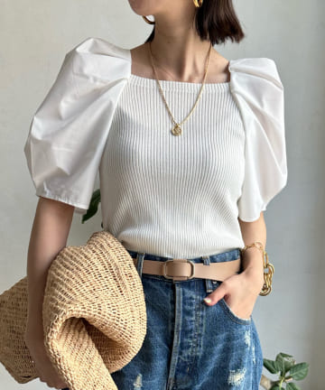 DOUDOU(ドゥドゥ) 【WEB限定】ボリューム袖ニット切替プルオーバー