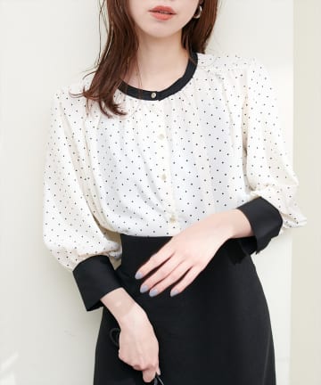 natural couture(ナチュラルクチュール) とろみサテン7分袖配色ブラウス