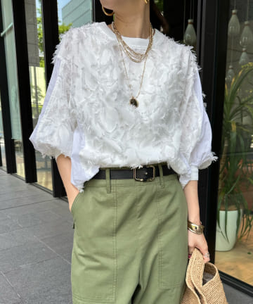 DOUDOU(ドゥドゥ) 【人気ブラウスの７分袖バージョン！】7分袖ジャガード切替ブラウス