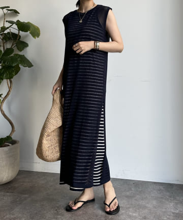 DOUDOU(ドゥドゥ) 【WEB限定】アメスリボーダーワンピース＋シアーニットワンピースセット