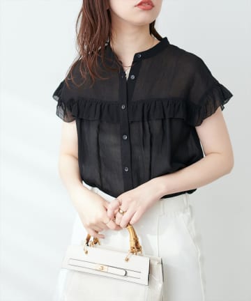 natural couture(ナチュラルクチュール) WEB限定/ややシアーストライプフリル切替ブラウス