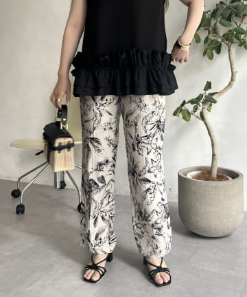 prose verse(プロズヴェール) 麻調モノトーンボタニカル柄イージーパンツ