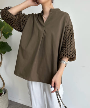 DOUDOU(ドゥドゥ) 袖ハニカムレーススキッパーシャツ