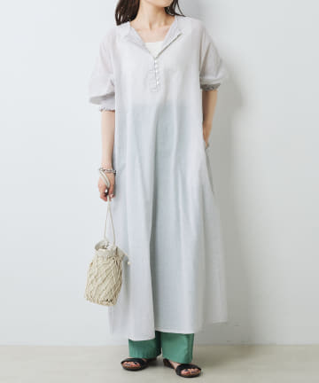 PUAL CE CIN(ピュアルセシン) 綿麻ストライプ袖シャーリングワンピ―ス