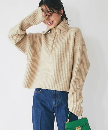 La boutique BonBon(ラブティックボンボン) 【合わせやすいクロップド丈】片畦ハーフジップニット