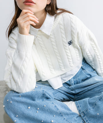 OLIVE des OLIVE(オリーブ デ オリーブ) ケーブルニット×シャツ　クロップドセット