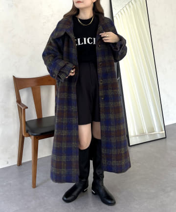 prose verse(プロズヴェール) スタンドカラーチェックロングコート