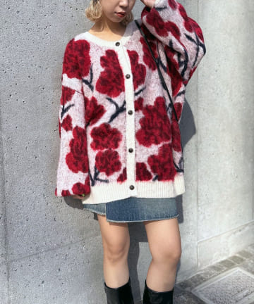 CIAOPANIC(チャオパニック) フラワージャガード起毛ニットカーディガン