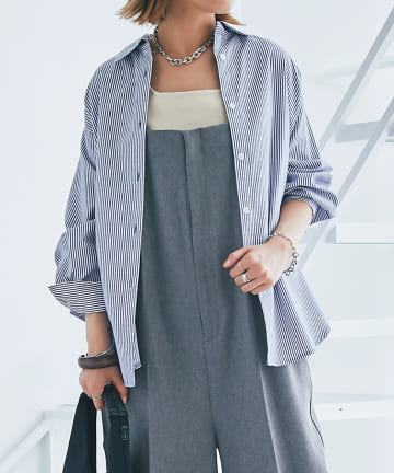 《オンオフ使える・ロングシーズン活躍》ストライプシンプルシャツ
