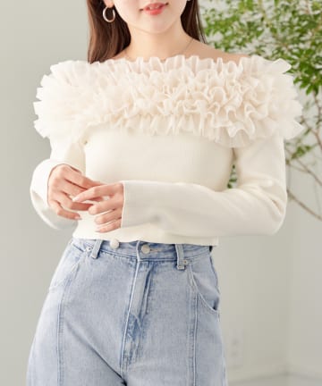 OUTLET(アウトレット) 【Chico】チュールボリュームオフショルニット