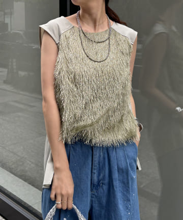 【WEB限定】ラメフリンジサテン切替トップス