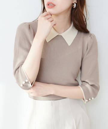 natural couture(ナチュラルクチュール) 【WEB限定】配色衿つき6分袖ニット