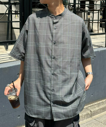 CIAOPANIC TYPY(チャオパニックティピー) 速乾テックリネンチェックバンドカラーシャツ(セットアップ対応)