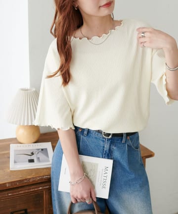 DISCOAT(ディスコート) 【二の腕カバーにも◎/22色展開】リブメローフレア5分袖≪WEB限定≫