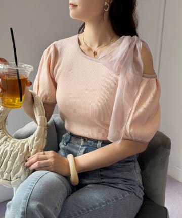リボン取り外し可/ワンショル配色ニット