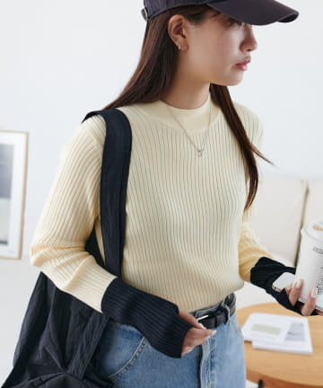 DISCOAT(ディスコート) 【春まで使える♪/15色展開/推し活にも◎】モチモチリブ袖配色ハイネック《WEB限定カラーあり》