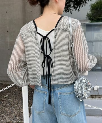 シアーボーダーレースバックリボンカーデ