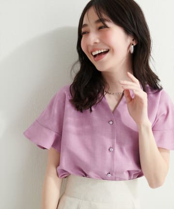 麻調合繊フリル袖ブラウス