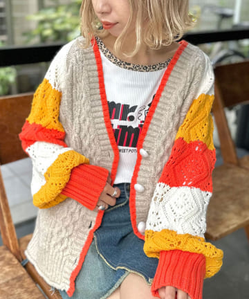 OUTLET(アウトレット) 【Ciaopanic】袖ボーダーローゲージチルデンニットカーデ