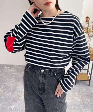 ボーダーハートパッチクロップドロンTシャツ